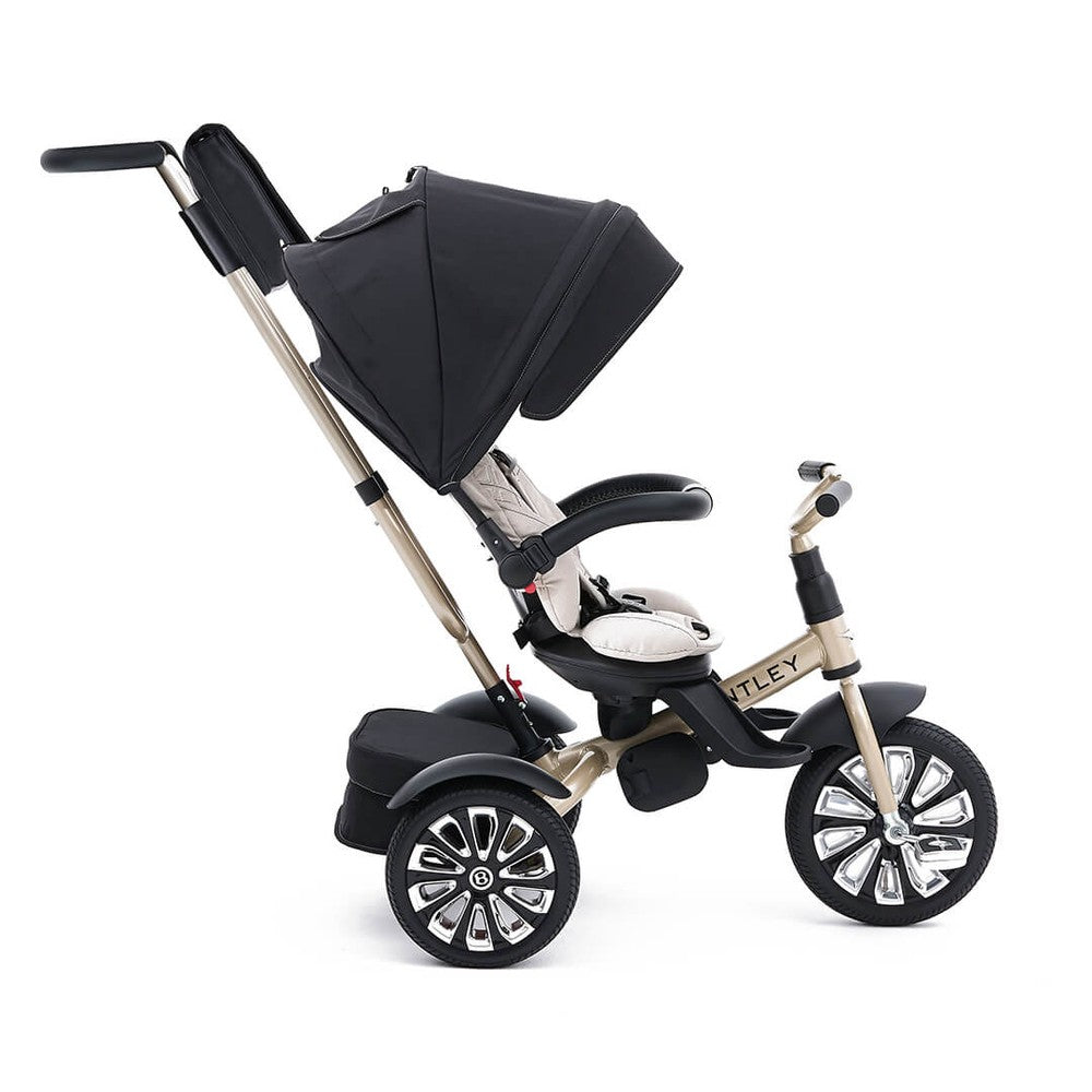 Bentley Trike 6-in-1 V2 Mulliner Gold Limited Edition with gold frame, black canopy, beige seat