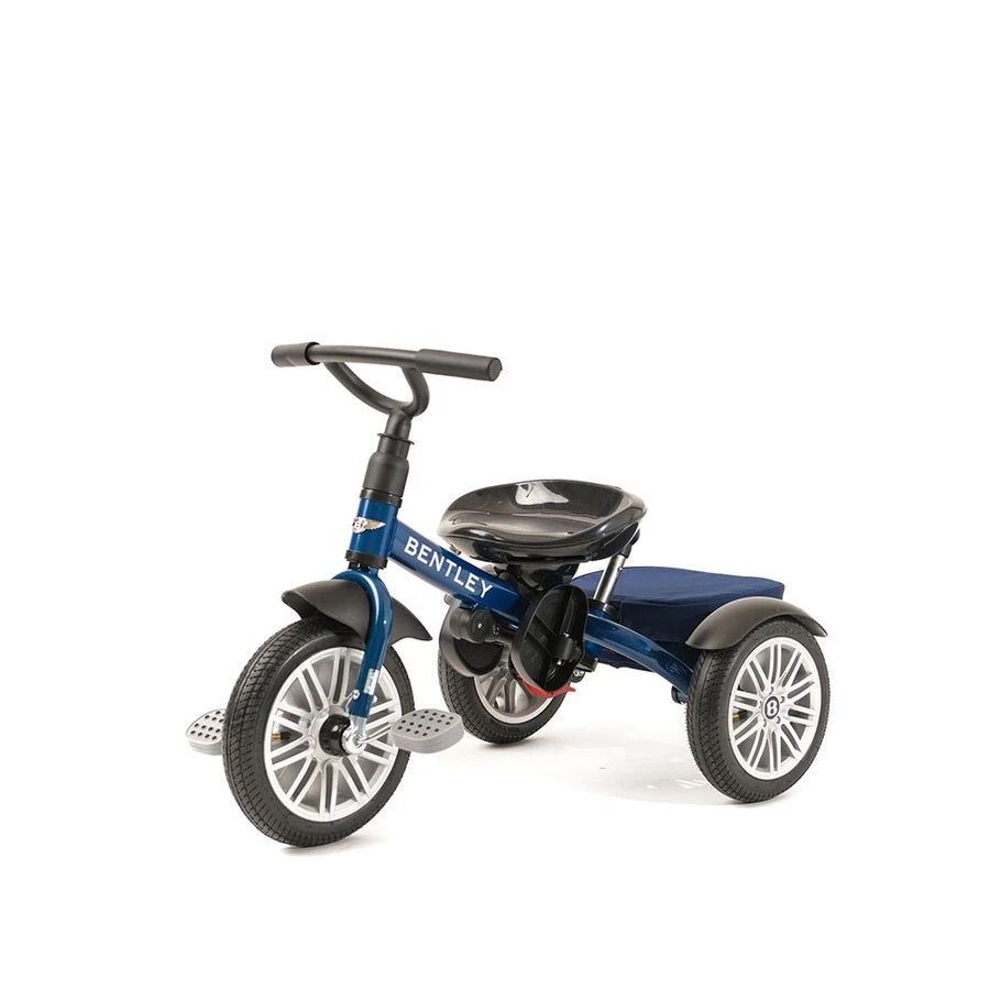 Bentley Trike 6-In-1 V2 Sequin Blue, blue three-wheeled tricycle with black seat and parent push bar.