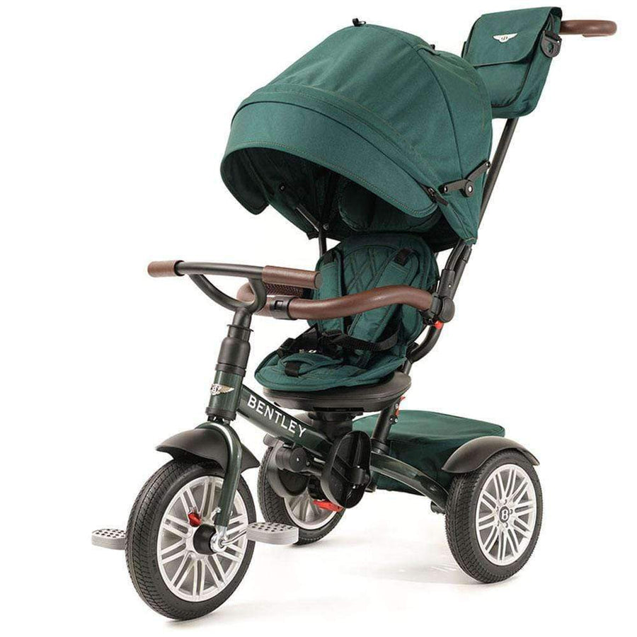 Bentley Trike 6-in-1 V2 Spruce Green toddler tricycle with green frame, brown handlebars and canopy