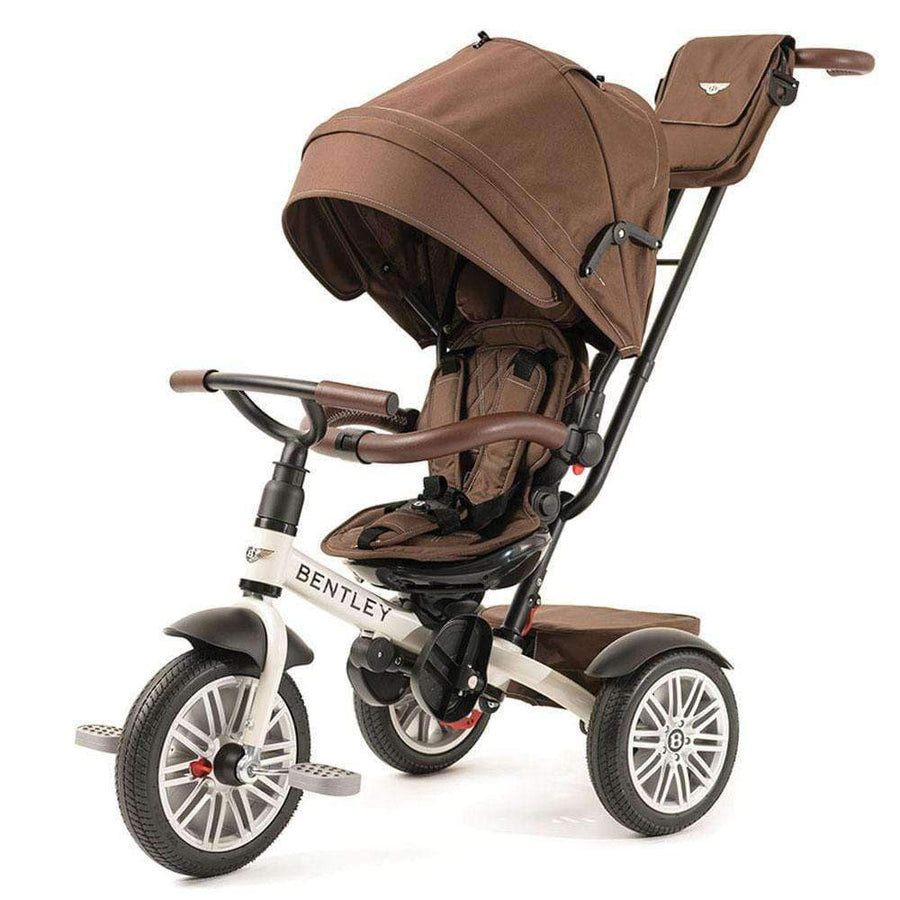 Bentley Trike 6-in-1 V2 white satin baby tricycle with brown canopy and brown seat