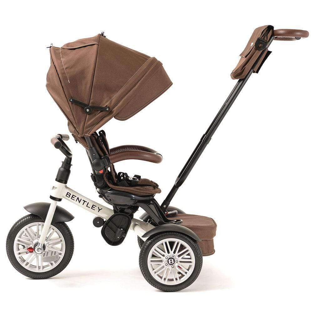 Bentley Trike 6-in-1 V2; white satin frame with brown canopy and seat