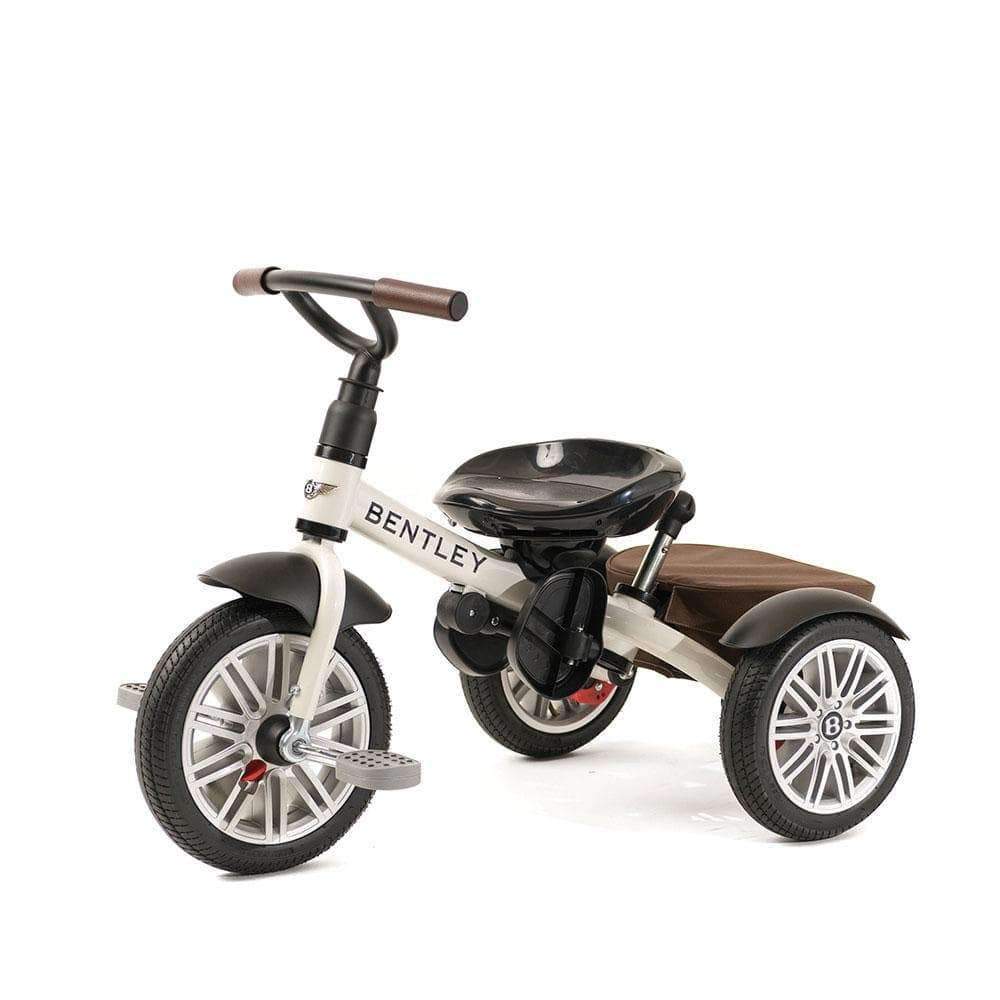 Bentley Trike 6-In-1 V2 White Satin kid's tricycle with brown seat and black handlebars