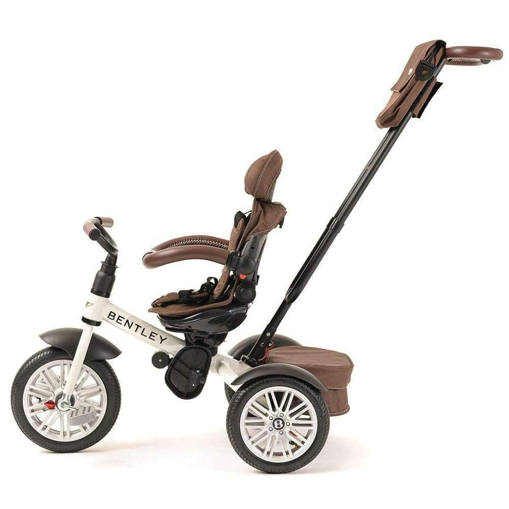 Bentley Trike 6-in-1 V2 white satin with brown seat and extended push handle