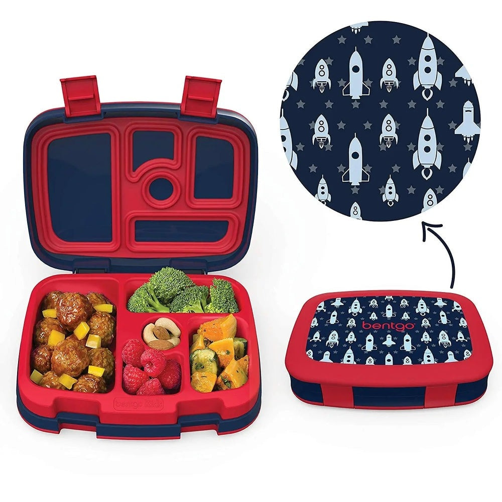 Bentogo Kids Prints Bento Lunch Box in blue exterior, red interior, four compartments filled with food, rocket print lid.