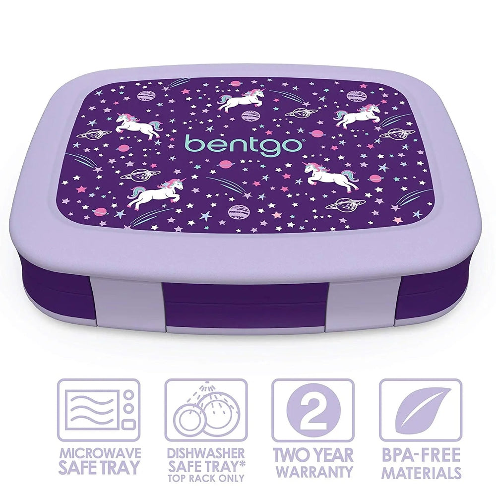 Bentogo Kids Prints Bento Lunch Box in lavender lid with unicorn star pattern, showing microwave-safe tray and BPA-free materials.