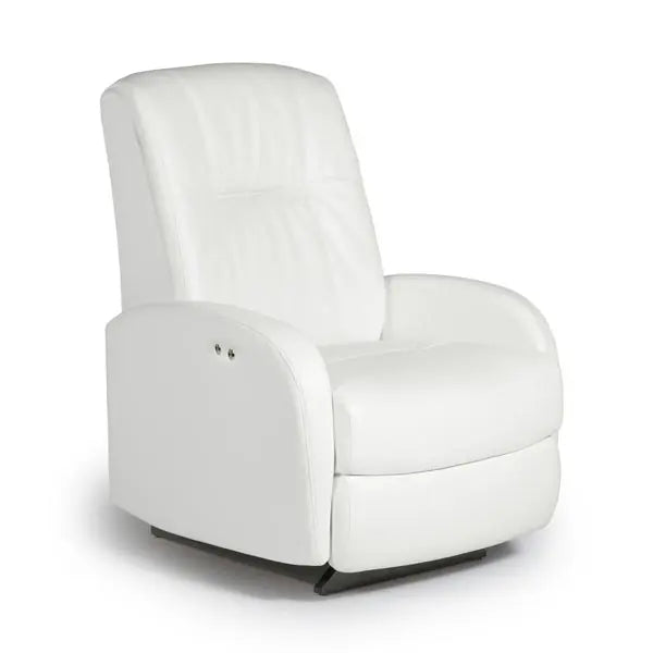 Best Home Furnishings Power-Recliner Ruddick in white leather, side control switches show the reclining action.