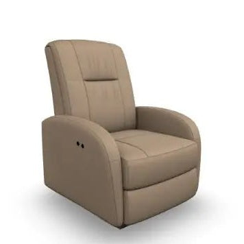 Best Home Furnishings Power-Recliner Ruddick beige recliner chair with side control buttons.