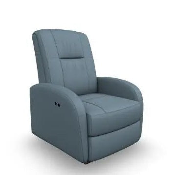 Best Home Furnishings Power-Recliner Ruddick in blue upholstery, side control buttons proving power reclining.