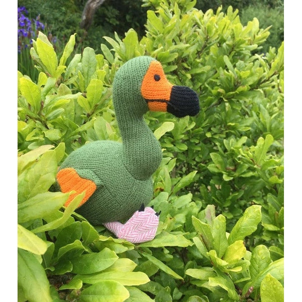 Best Years knitted dodo plush toy; green body, orange beak, pink feet