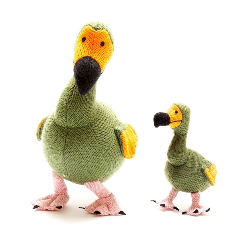 Best Years knitted dodo plush toy pair; green bodies with yellow beaks and pink feet