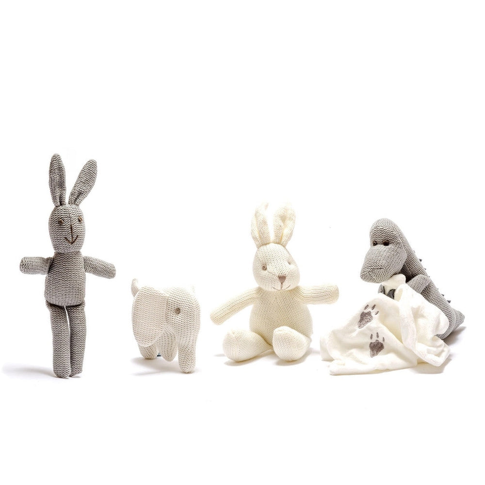 Best Years knitted organic cotton baby rattle plush set of 4: white bunny, gray bunny, elephant, and dinosaur