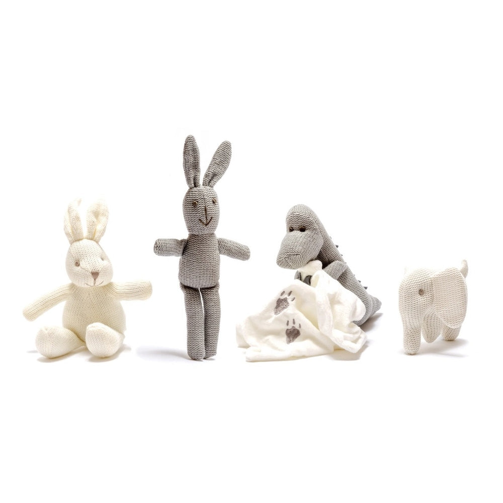 Best Years knitted organic cotton stuffed animals set of 4: cream bunny, grey rabbit, grey dinosaur and white elephant