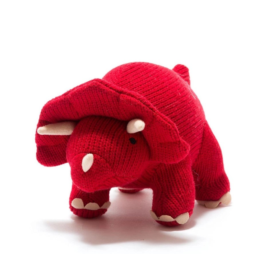 Best Years Triceratops knitted plush dinosaur toy, red yarn, soft stuffed animal