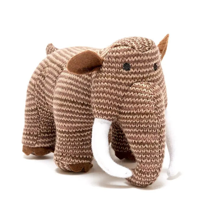 Best Years knitted woolly mammoth baby rattle plush toy in tan-brown yarn