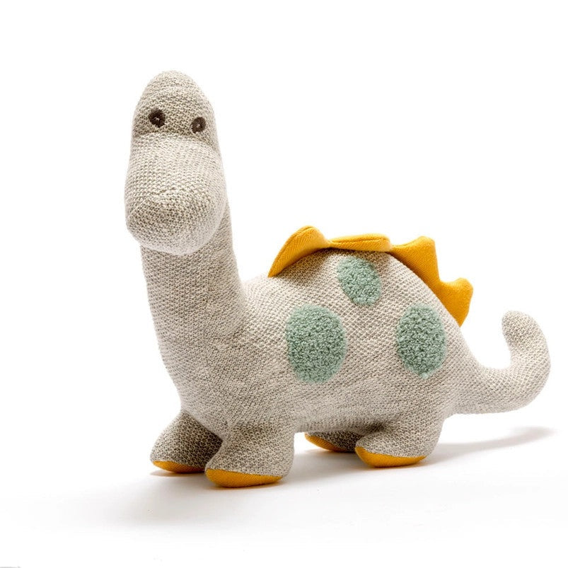 Best Years large organic cotton Diplodocus plush toy, grey with green spots and orange spikes