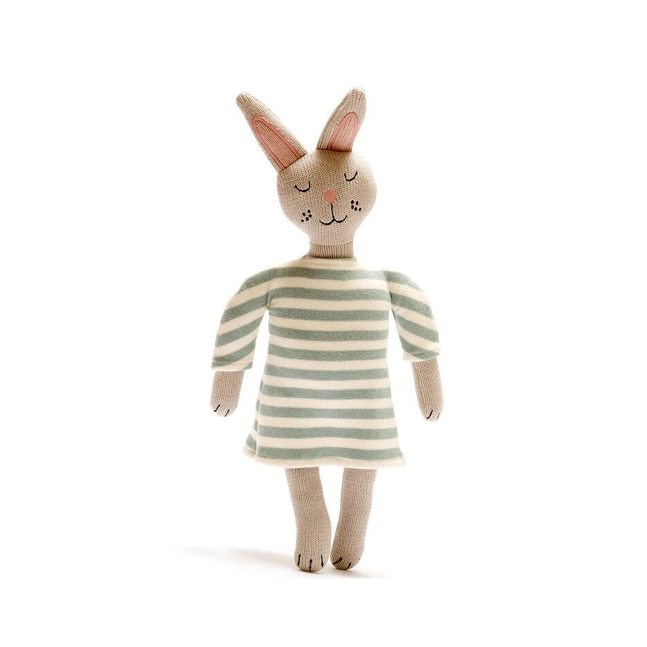 Best Years bunny plush doll in mint green striped dress, organic cotton