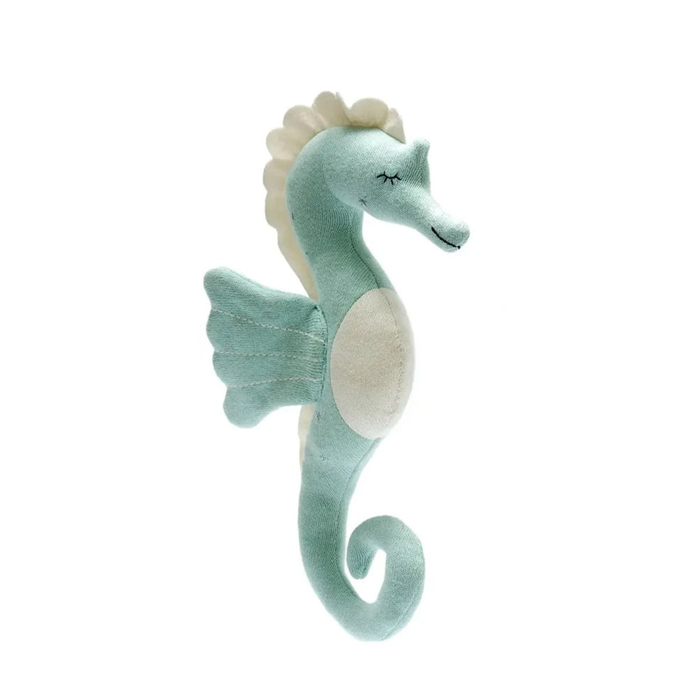 Best Years seahorse plush toy, green organic cotton knitted fabric with white belly
