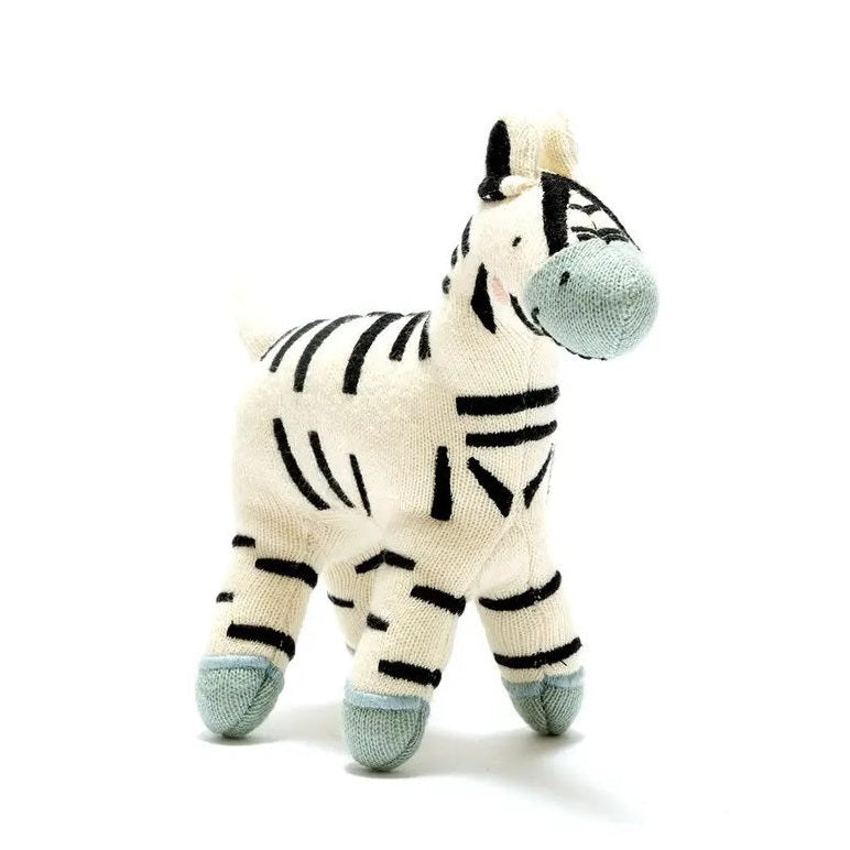 Best Years Ziggy Zebra knitted plush toy, organic cotton, white with black stripes and blue feet