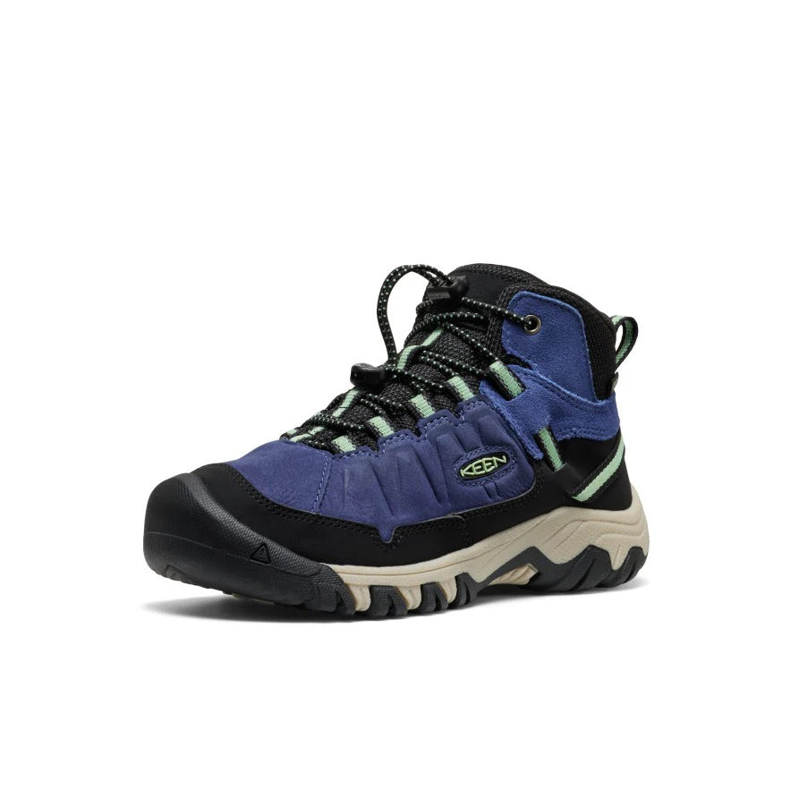 Keen Big Kids' Targhee IV waterproof hiking boot in blue hemlock with black trim and beige outsole