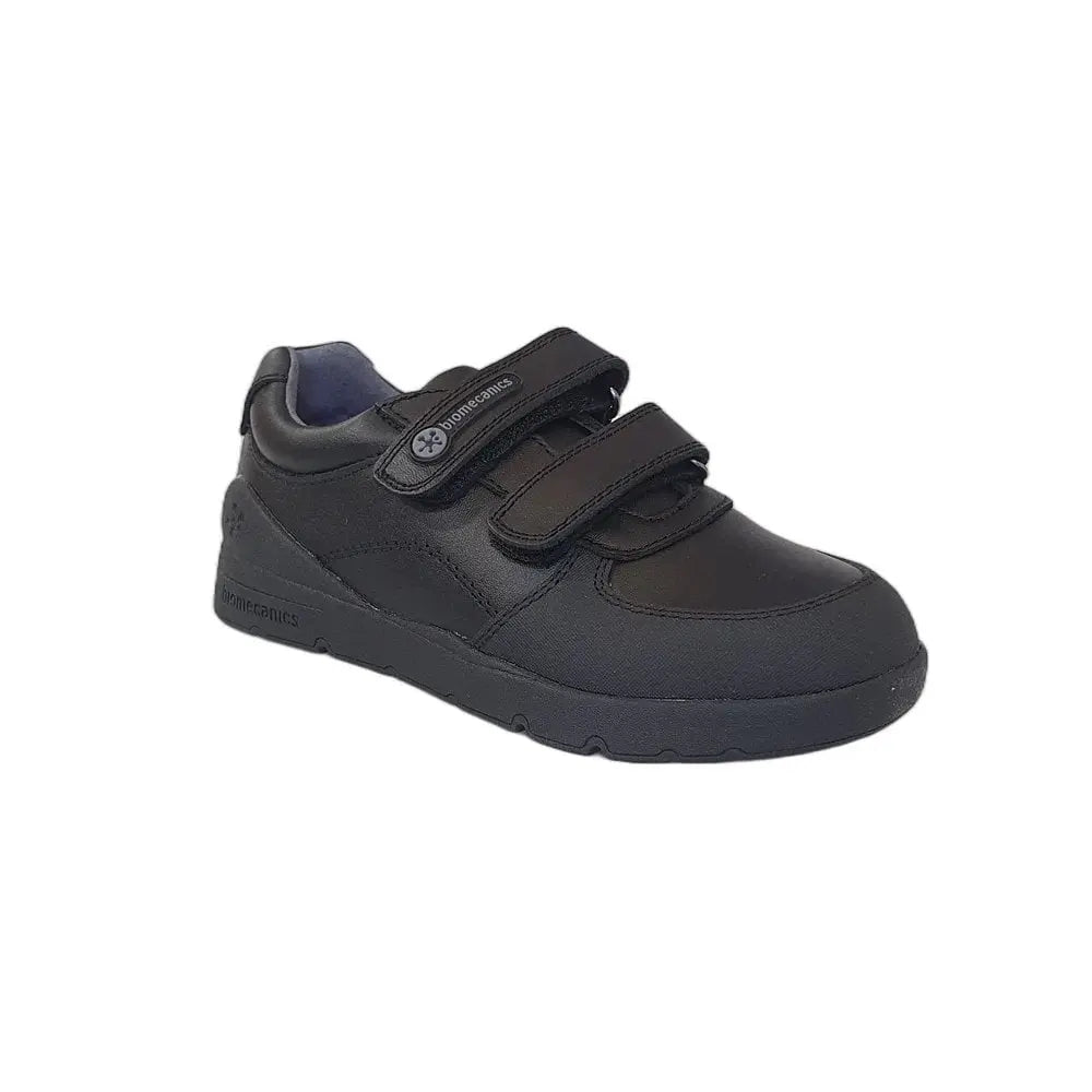 Biomecanics Black Double Velcro School Shoes for kids, sturdy black leather shown with two Velcro straps fastened.