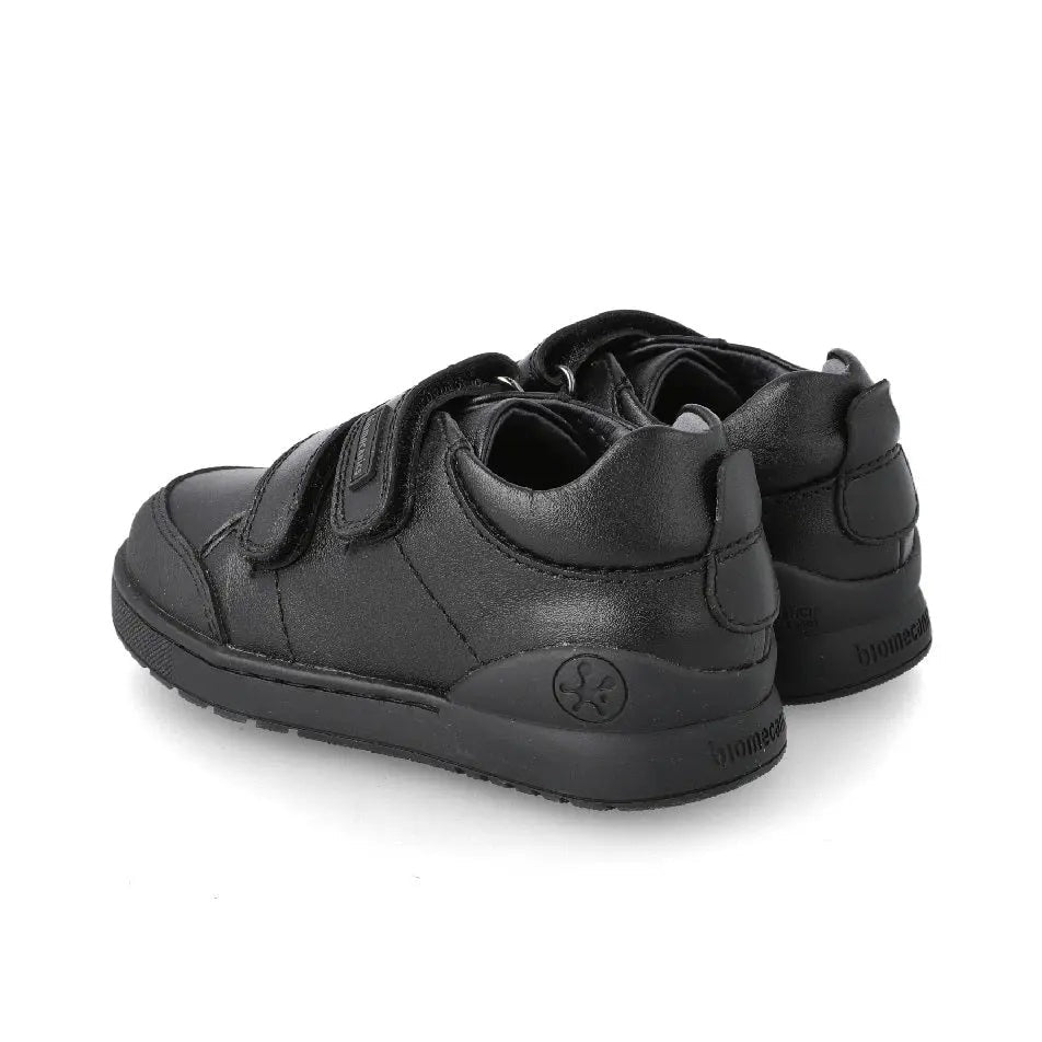 Biomecanics Black Napa Double Velcro School Shoes shown with two Velcro straps fastened.