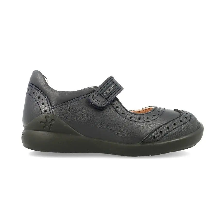 Biomecanics Black Napa Girl School Shoes with Velcro strap fastened across the vamp and perforated detailing.