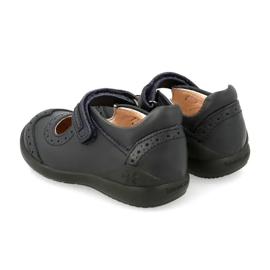 Biomecanics Black Napa Girl School Shoes, black Napa leather with Velcro straps fastened, shown from rear.