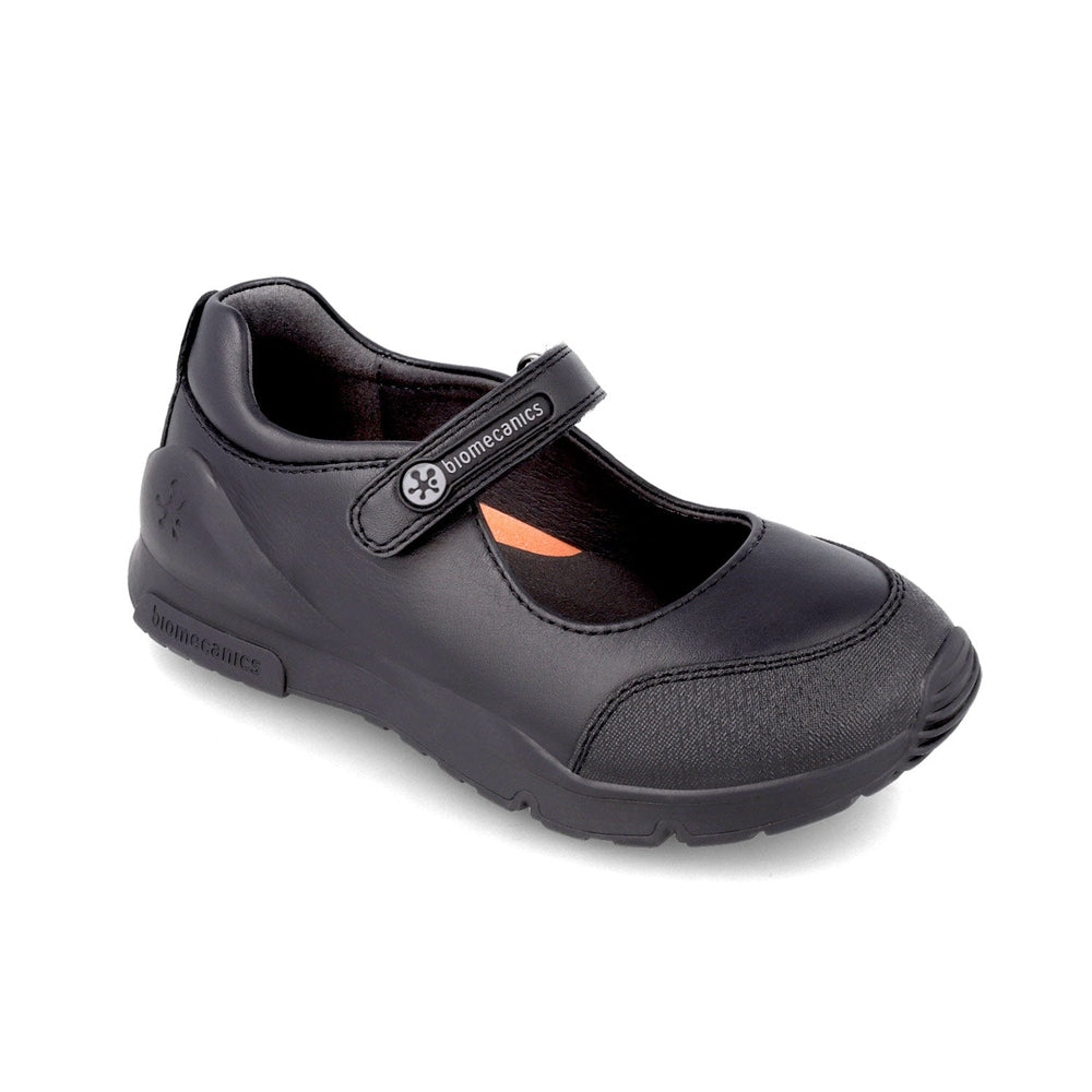 Biomecanics Black Napa Girl School Shoes with Velcro strap fastened and reinforced sole.
