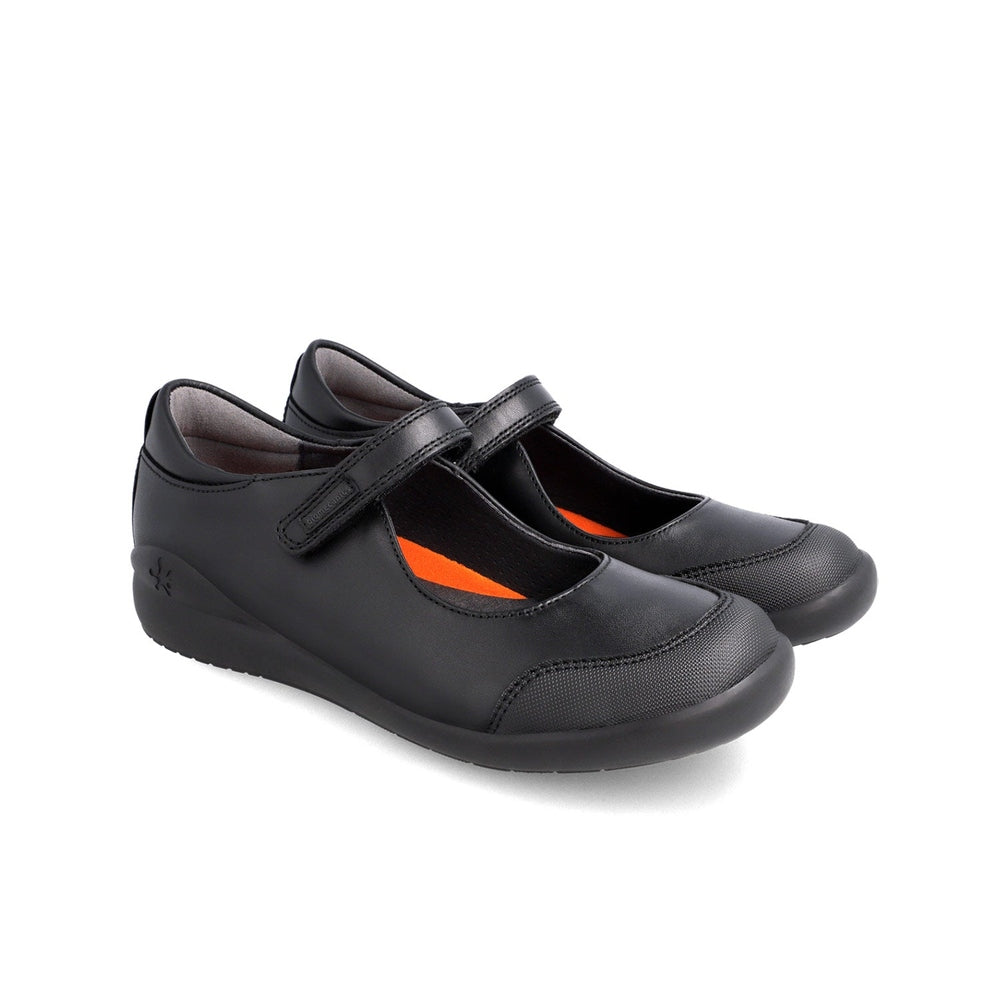 Biomecanics Black Napa Mercedes Puntera School Shoes: black napa Mary Janes with Velcro straps fastened, orange lining visible.