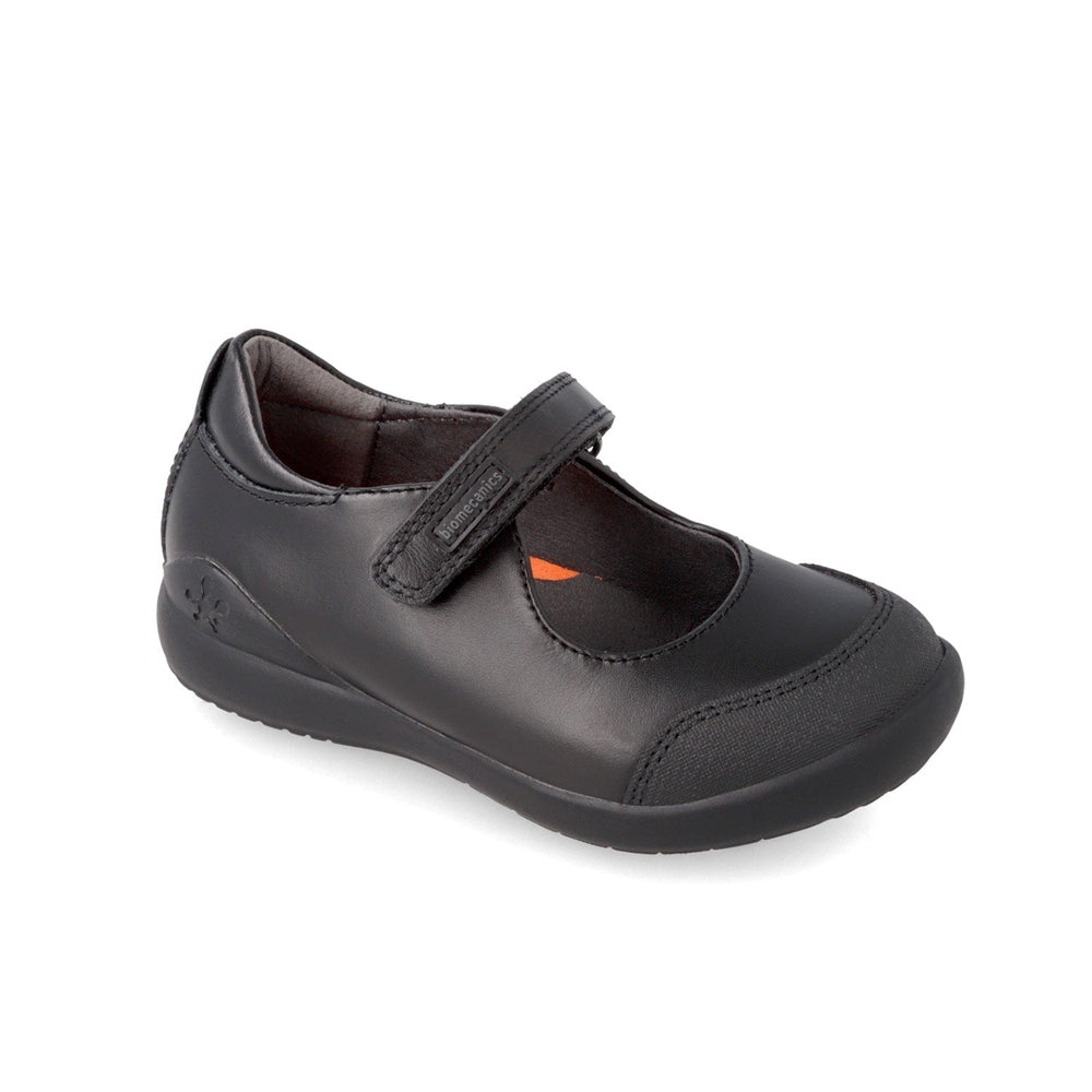 Biomecanics Black Napa Mercedes Puntera School Shoes with adjustable strap fastened for secure fit