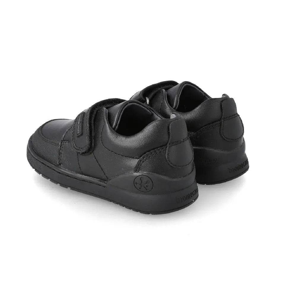 Biomecanics Black Napa Velcro School Shoes; black Napa leather with Velcro straps fastened for easy wear.