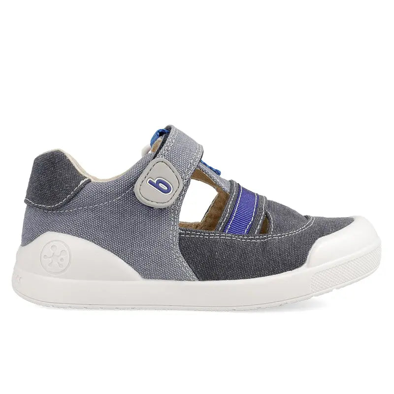 Biomecanics Canvas Sandalla Azul Marino navy blue toddler sandal with Velcro strap and white sole.