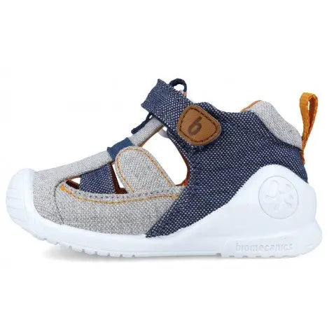 Biomecanics Canvas Sandals Azul Marin, navy blue canvas with beige trim and white sole, Velcro strap secured.