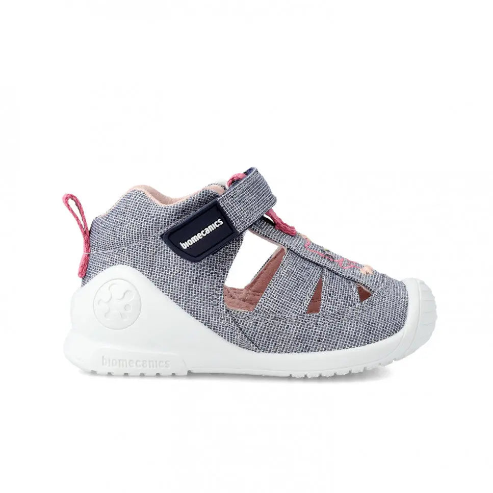 Biomecanics First Steps Sandals Shoes Grey with pink accents; Velcro strap secures breathable mesh upper, white sole.
