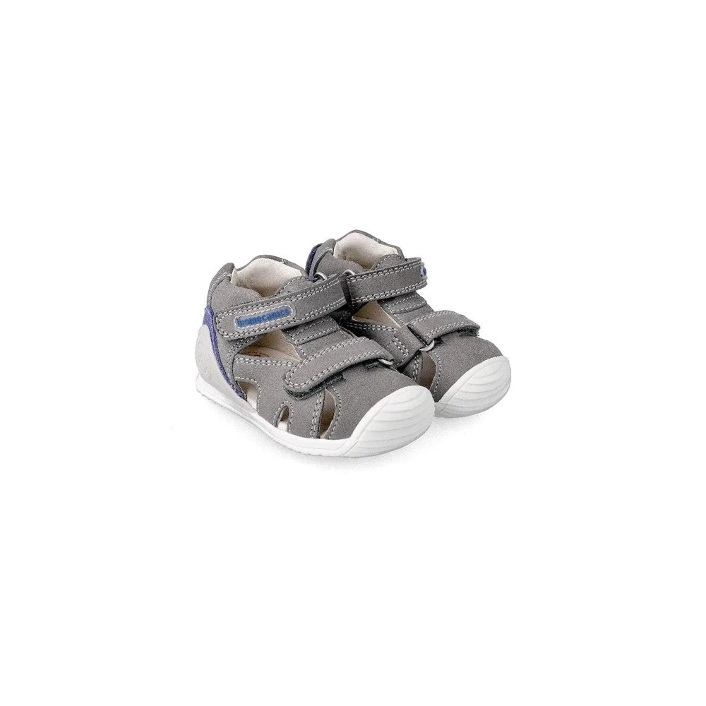 Biomecanics Sandalia Estampada Casual para bebe, gris con dos tiras Velcro y suela blanca, par de zapatos