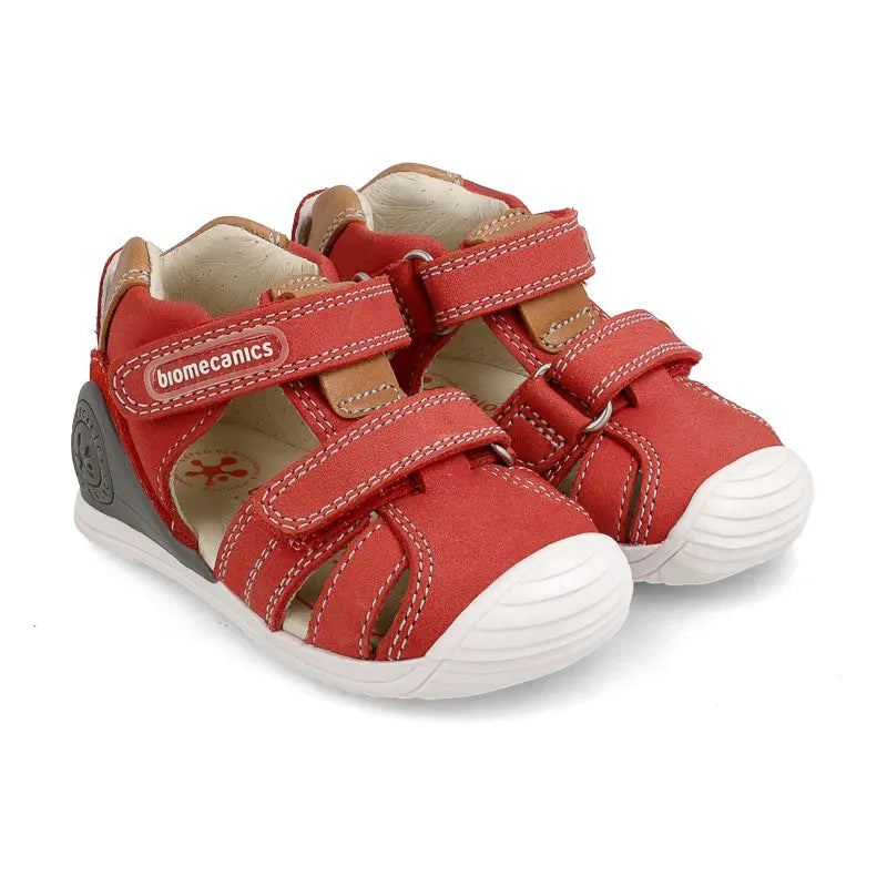 Biomecanics Sandalia Rojo Nobuck toddler sandals, red nubuck with two Velcro straps fastened across the top.