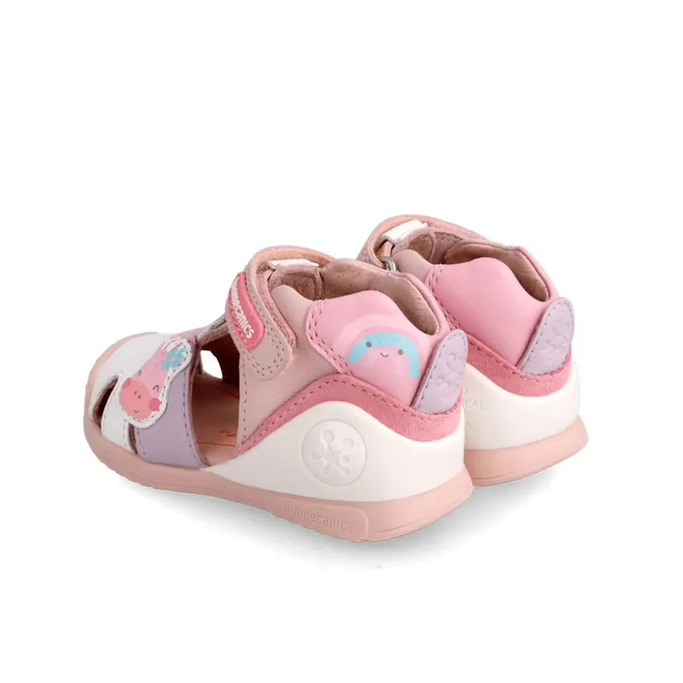 Biomecanics Sandals Blanc baby sandals in pastel pink and white, Velcro straps fastened for secure easy fit.