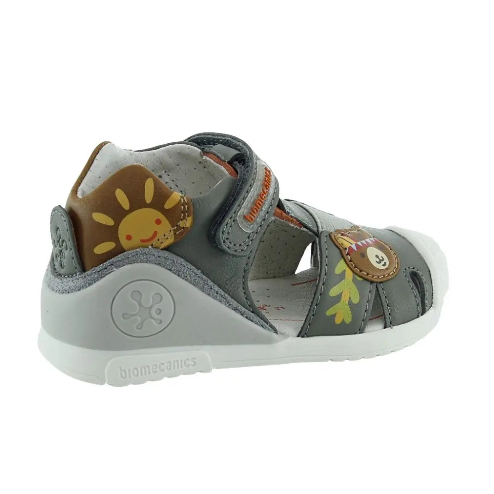 Biomecanics Sandals Tundr toddler sandal in gray with sun decal and orange logo, adjustable Velcro straps buckled.