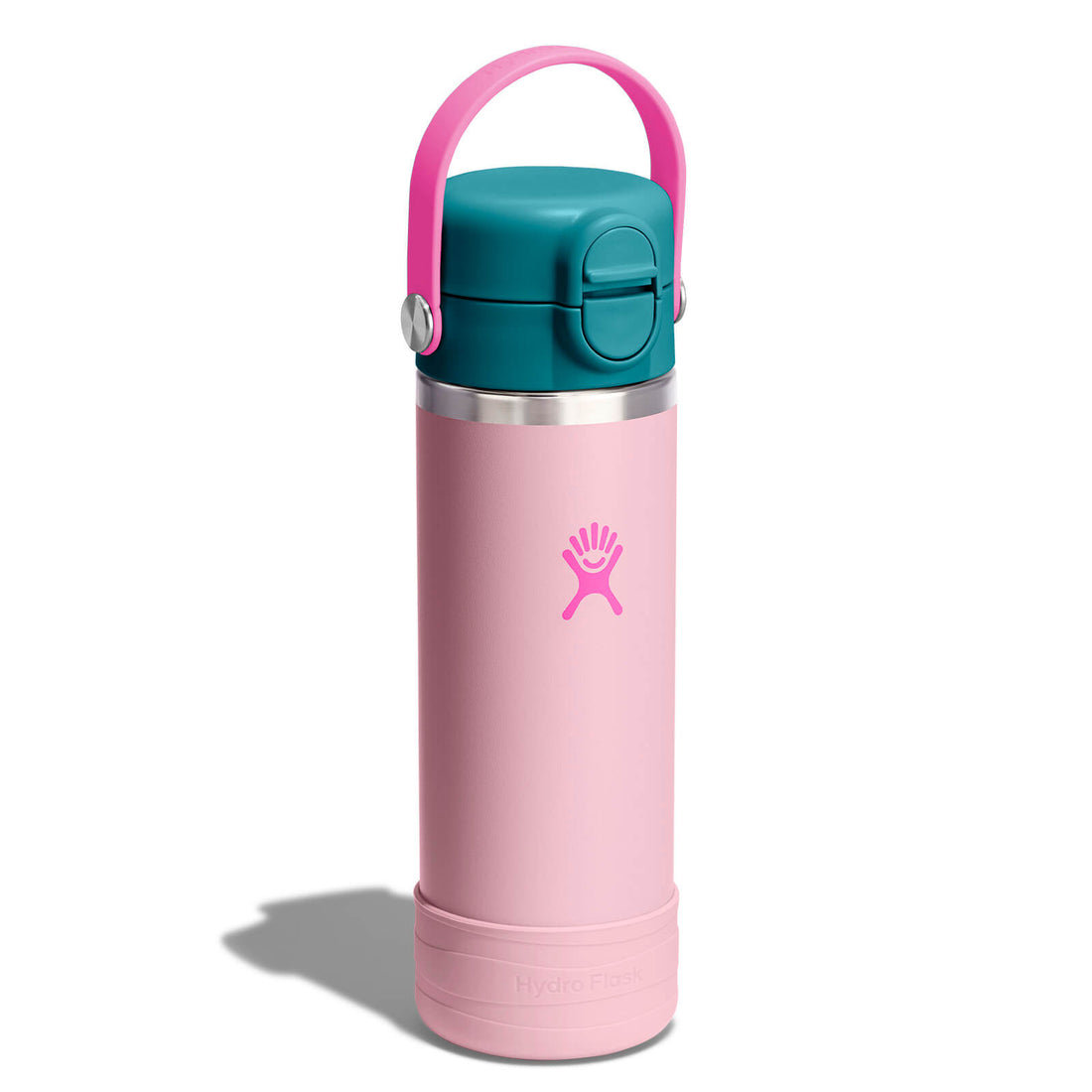Hydro Flask Kids 18 oz Wide Mouth Bottle With Covered Straw Cap And Boot – Blossom Pink angled view