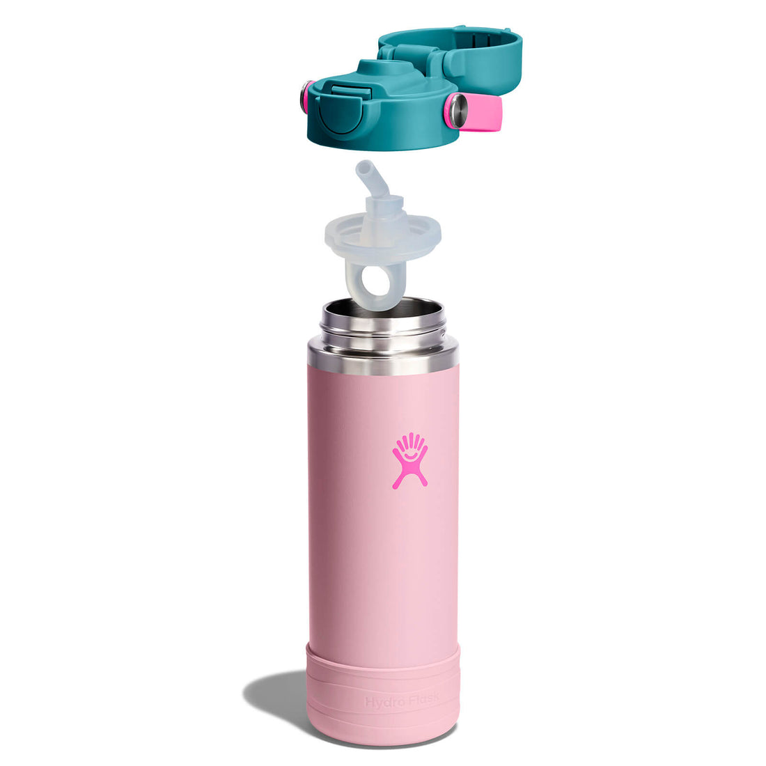 Hydro Flask Kids 18 oz Wide Mouth Bottle With Covered Straw Cap And Boot – Blossom Pink removable cap and straw components