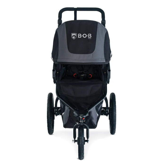 BOB Revolution Flex 3.0 Jogging Stroller in grey/black, front view with large wheels ready for a run.