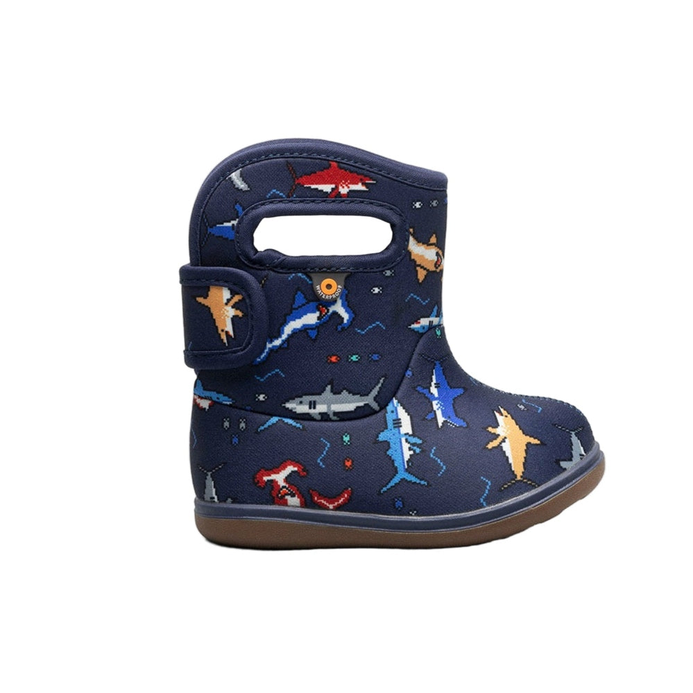 BOGS Baby Bogs Rainboots II Pixel Shark toddler boot navy fabric with shark pattern, Velcro strap, brown sole
