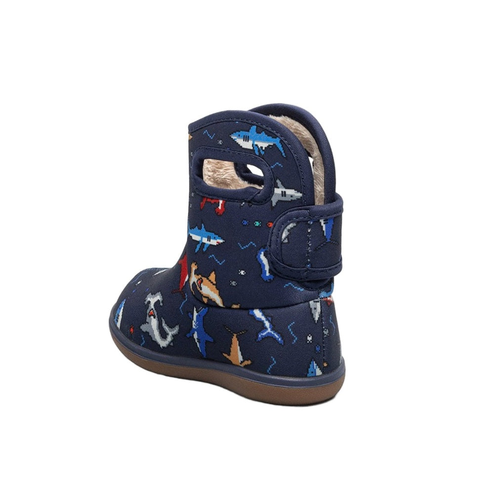 BOGS Baby Bogs Rainboots II Pixel Shark toddler boot in navy with shark print and faux fur lining