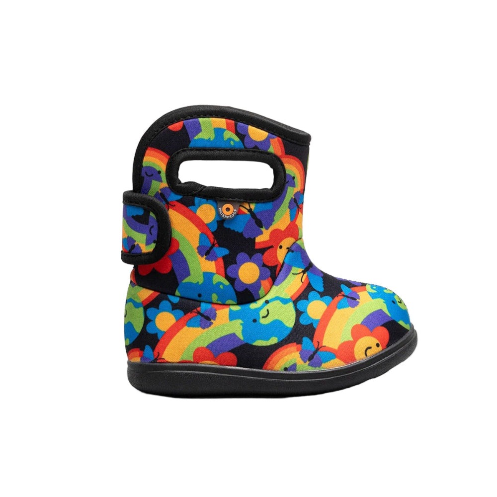 BOGS Baby Bogs II Rainbow Planet rain boot for toddlers in a multicolor rainbow print with black sole and strap