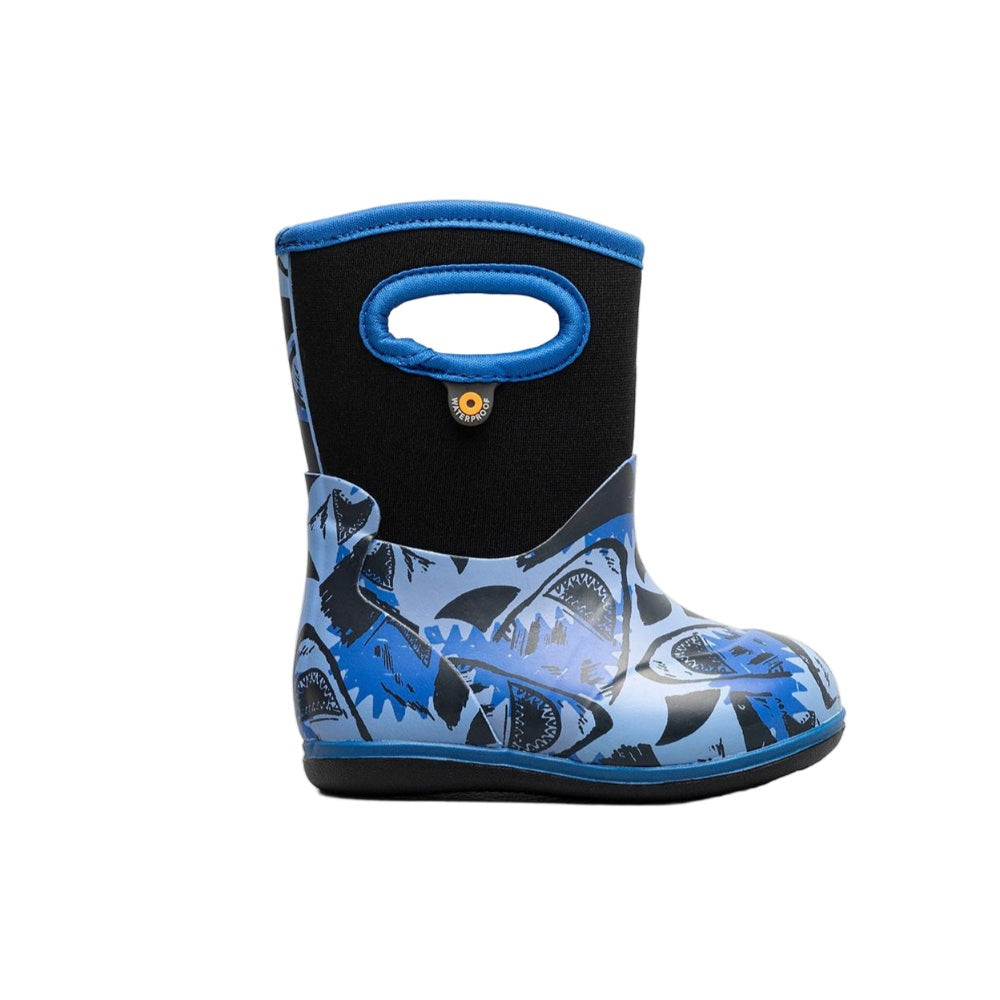 BOGS Baby Rainboots Classic Sharks: blue shark-print rubber toddler boots with black cuff
