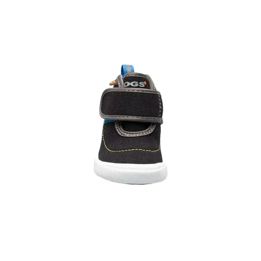 BOGS Baby Kicker Mid Black Multi boot: front view with blue pull tab, Velcro strap, white sole.