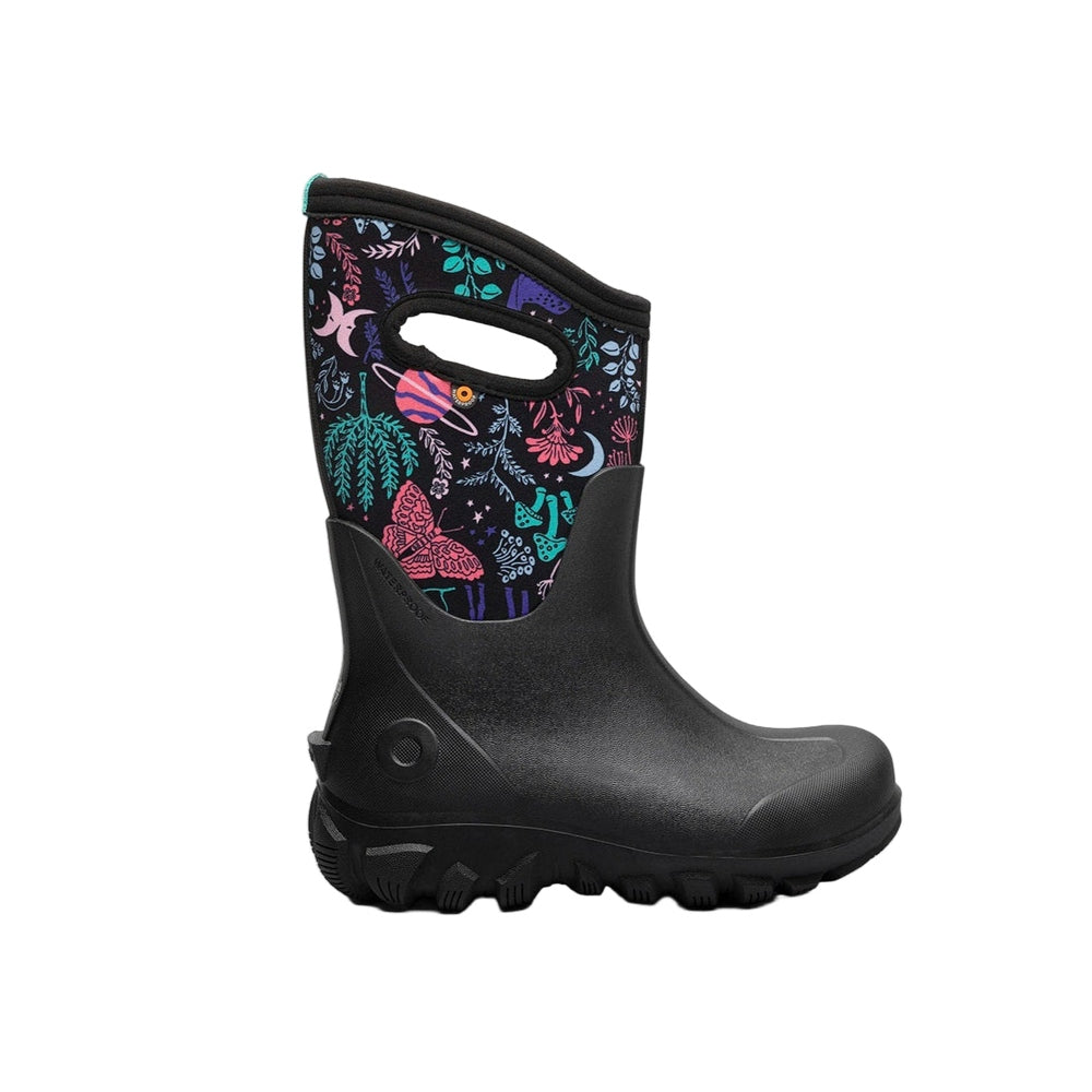BOGS Kids' Winter Boots Classic Seamless Cosmic Forest, black rubber with a colorful forest-pattern shaft
