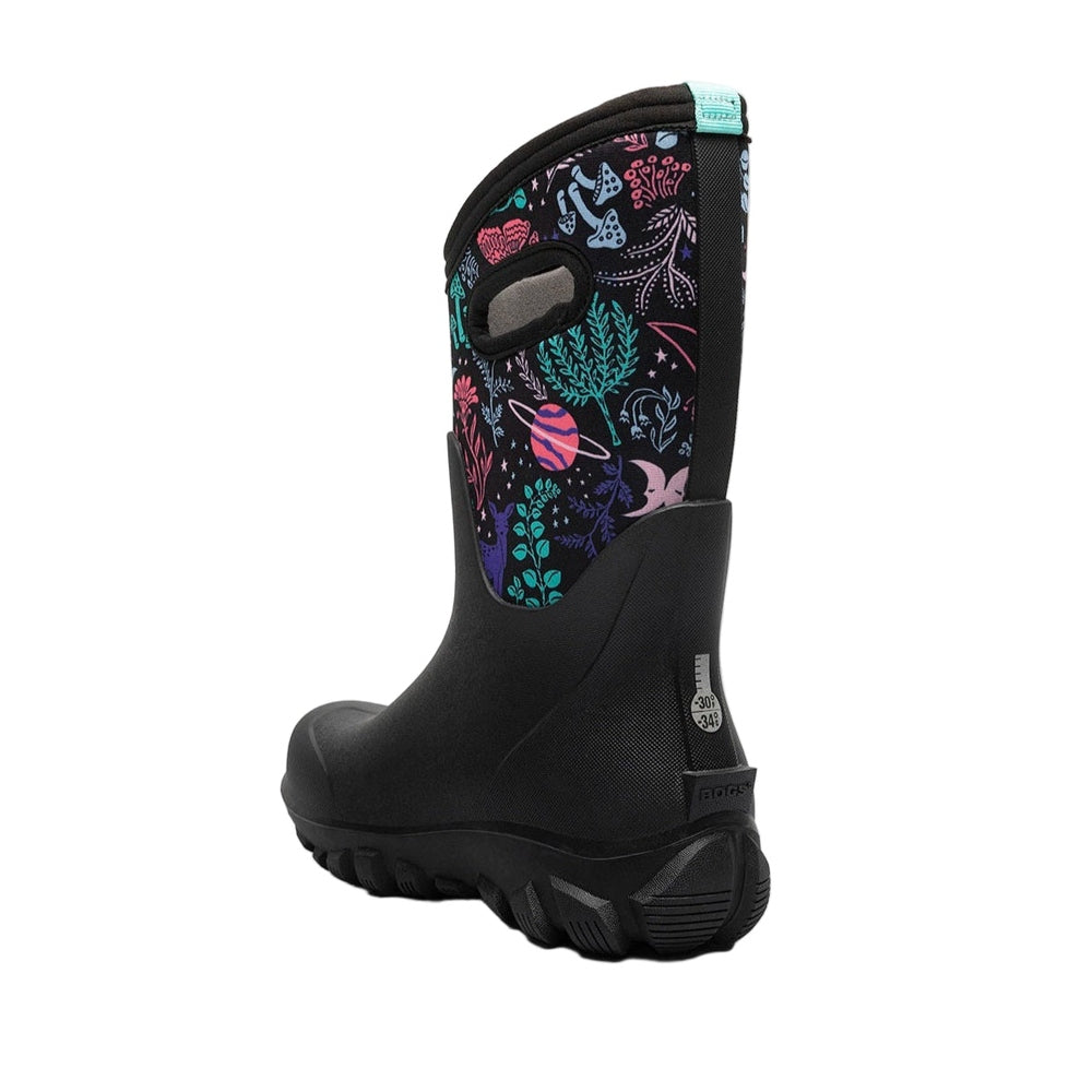 BOGS kids winter boot Classic Seamless Cosmic Forest in black with colorful forest pattern and teal pull tab