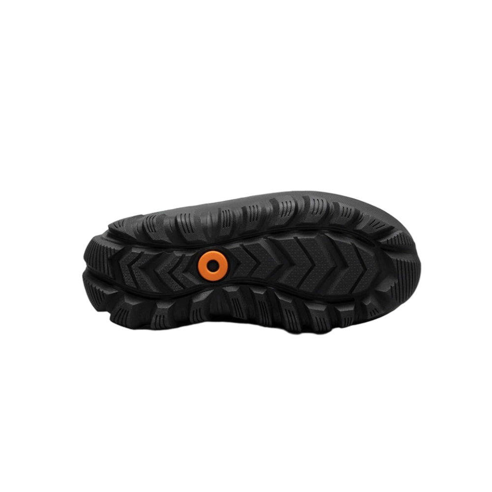 BOGS kids' winter boot sole in black with orange eyelet detail