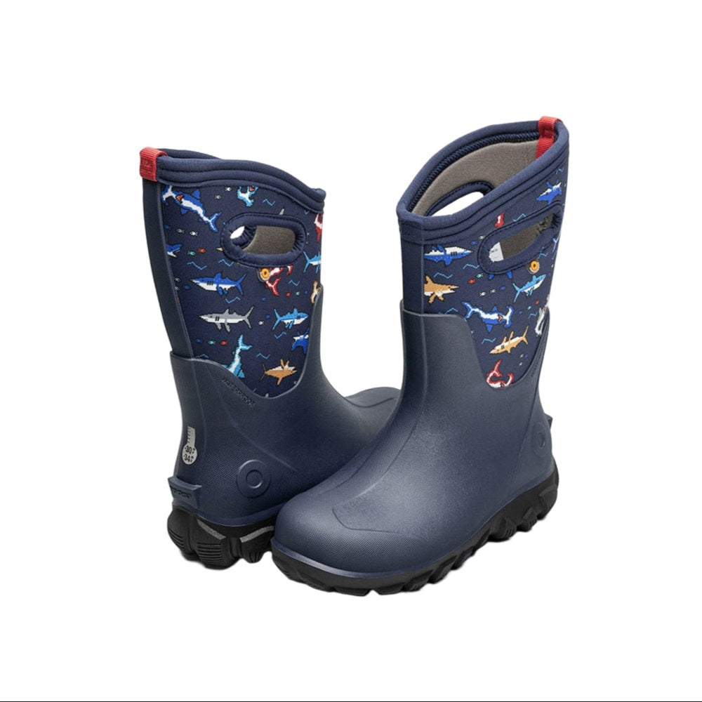 BOGS kids' winter boots Pixel Shark, navy shark-pattern upper with rugged rubber sole, pair